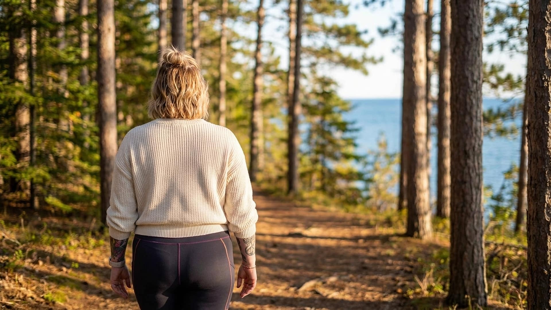 A woman walking a wooded trail along the lake