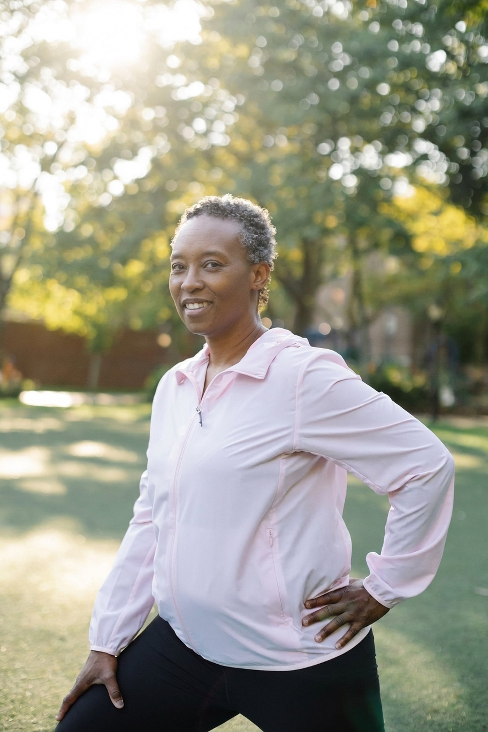Smiling middle-aged woman exercising outdoors in a sunny park